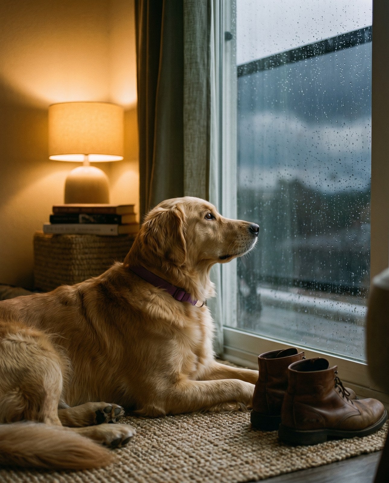 The golden retriever lying by the window in a purple CollarZen collar, watching the rain, boots by the door beside him.