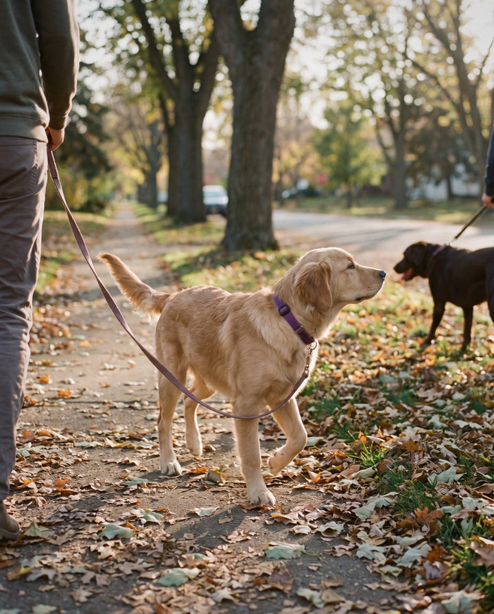A golden retriever walking on a loose leash past another dog without pulling or stiffening
