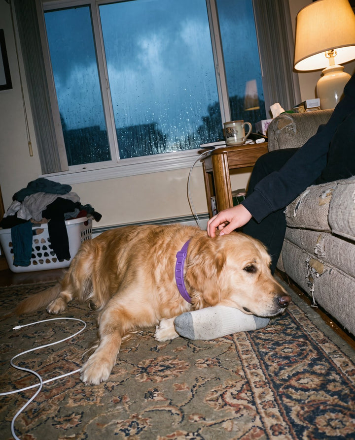 A golden retriever lying by a rainy window with his head up, alert and settled rather than cowering