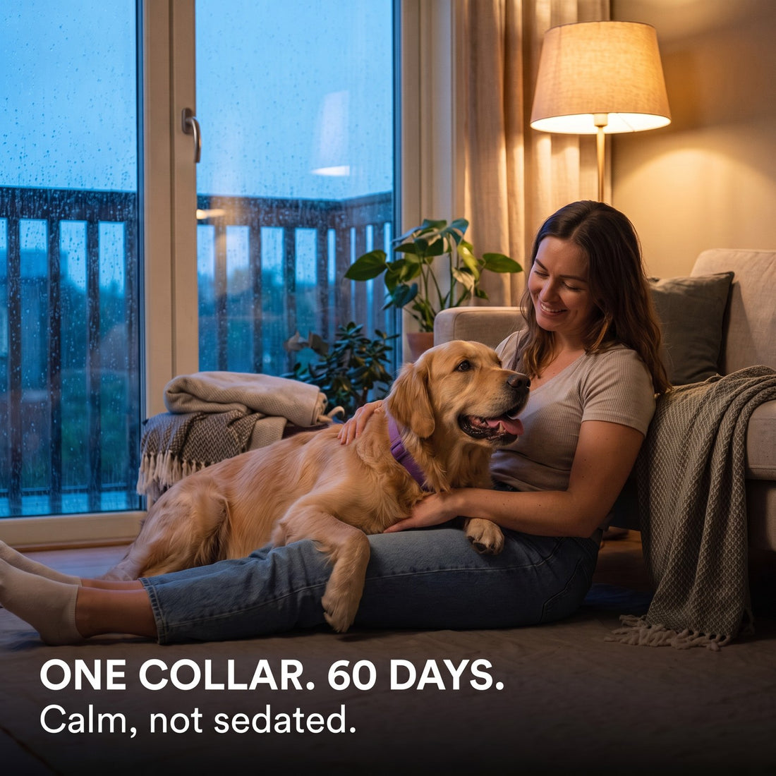 A golden retriever lying happily across his owner's lap during an evening storm, ears up and mouth open in a relaxed smile, looking up at her while she smiles back, wearing a purple CollarZen collar. Text: one collar, 60 days, calm not sedated.