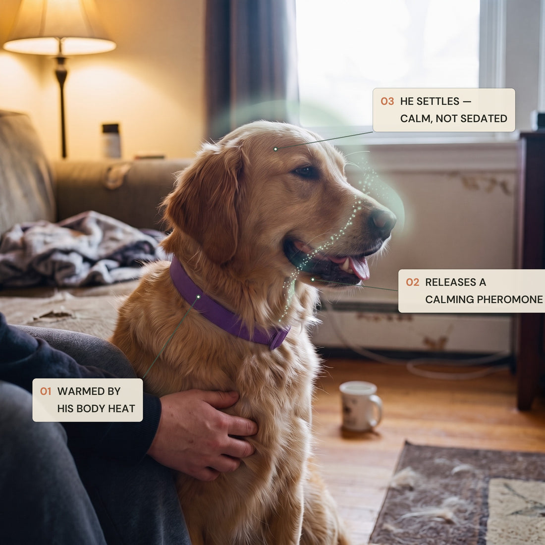 A happy golden retriever leaning against his owner, wearing the purple CollarZen collar. Labels explain the mechanism: warmed by his body heat, it releases a calming pheromone at nose level, and he settles — calm, not sedated.