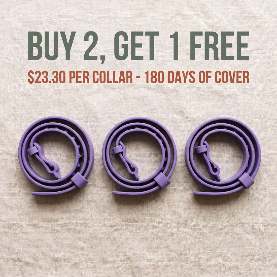 Buy 2, get 1 free — three collars for $23.30 each and 180 days of cover