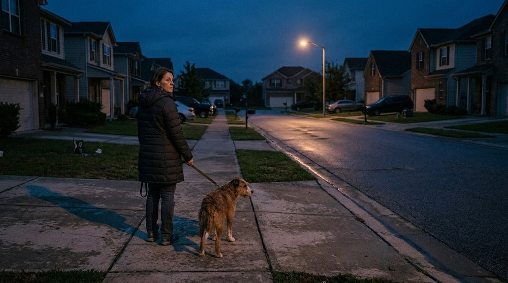 Erin walking Otis down an empty residential street lit by a single streetlight before sunrise