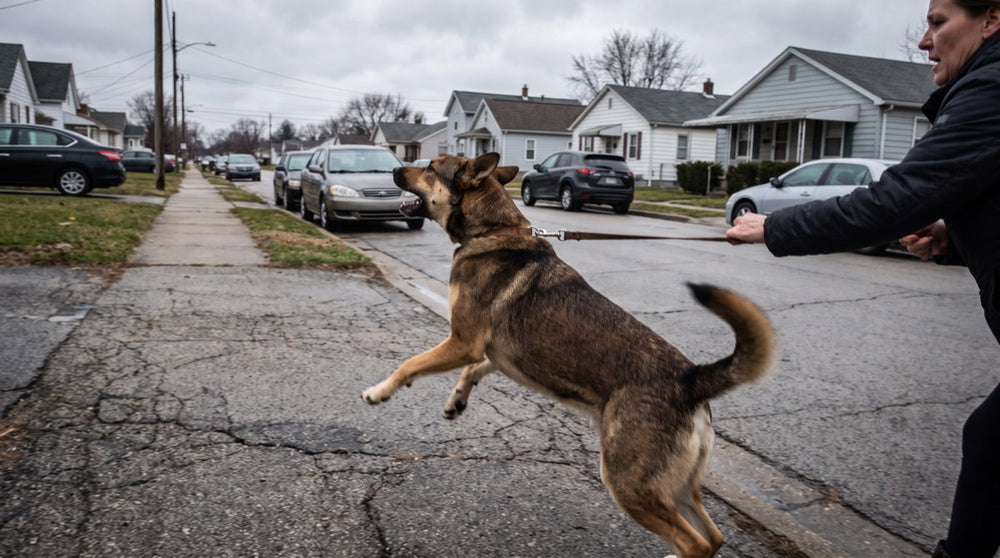 A dog lunging hard at the end of a tight leash on a sidewalk