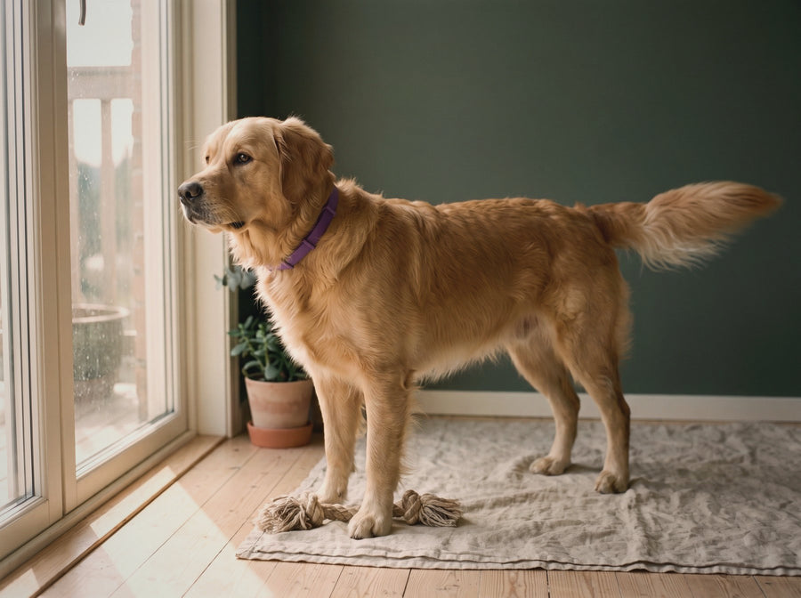 A golden retriever lying on a rug, bright-eyed and relaxed, looking up.