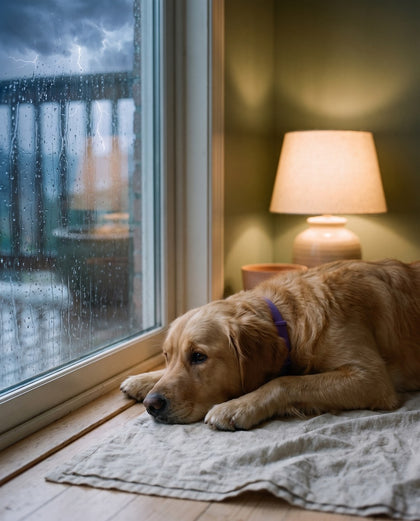 The golden retriever settled on the rug by the glass door in a purple CollarZen collar while rain runs down the window behind him.