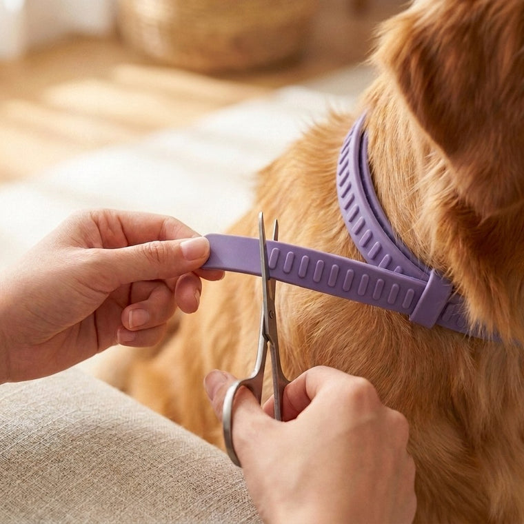 Scissors cutting the leftover tail off a purple CollarZen collar already fastened on the dog.