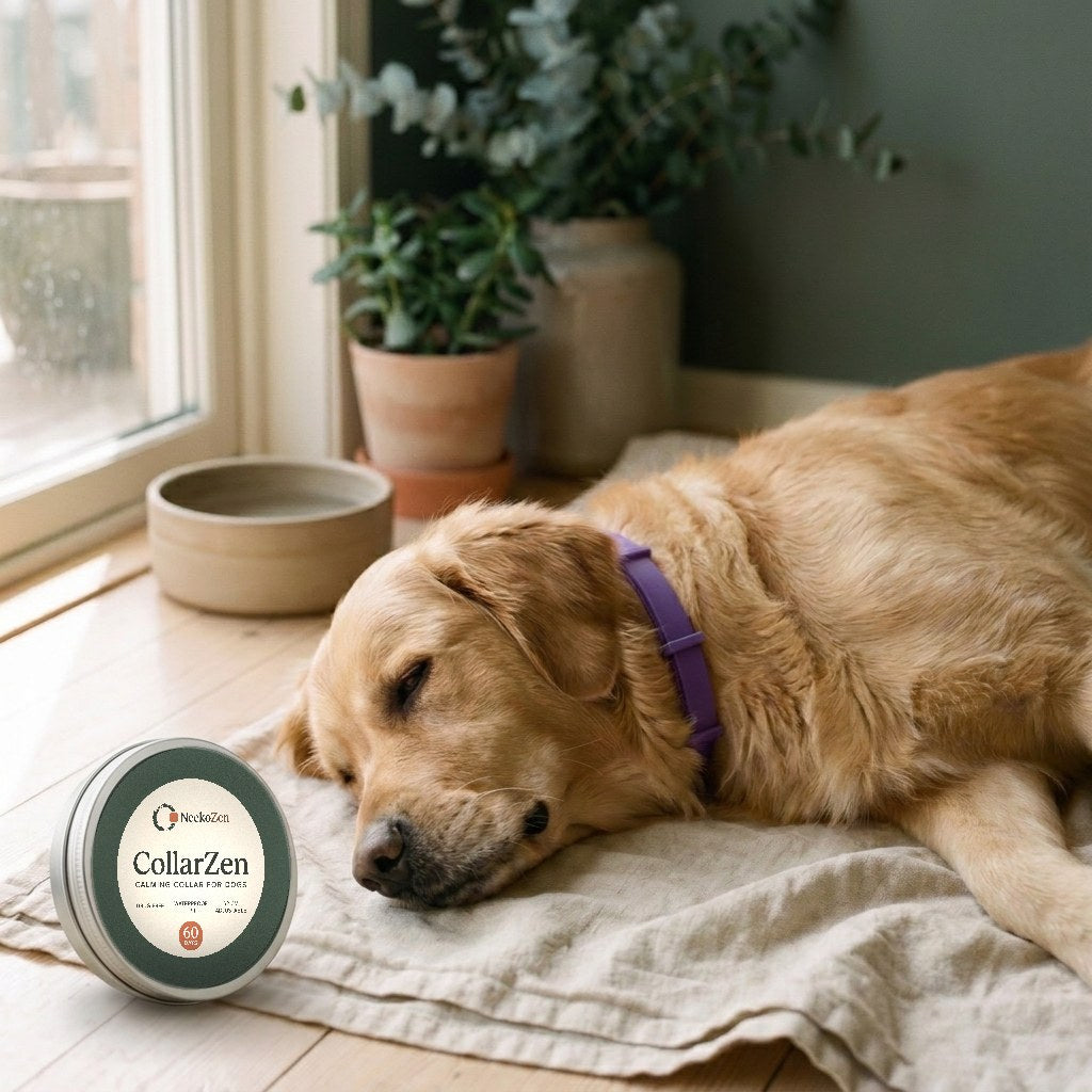 A golden retriever in a purple CollarZen collar dozing by a rainy window, the sealed CollarZen tin on the blanket beside him.