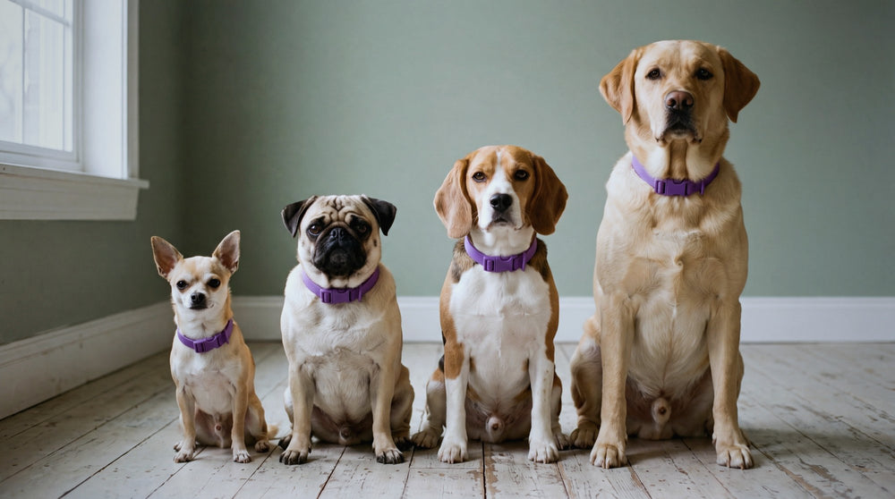 A chihuahua, a pug, a beagle and a labrador sitting in a row, all wearing the same purple CollarZen collar