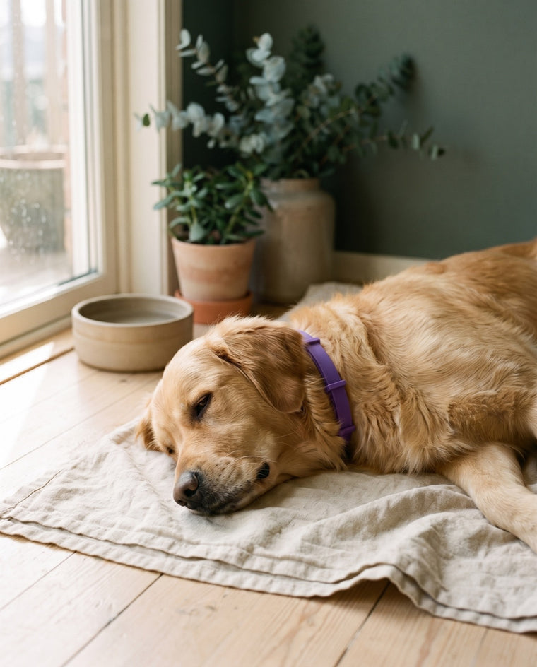 A golden retriever asleep on a rug in a purple CollarZen collar.