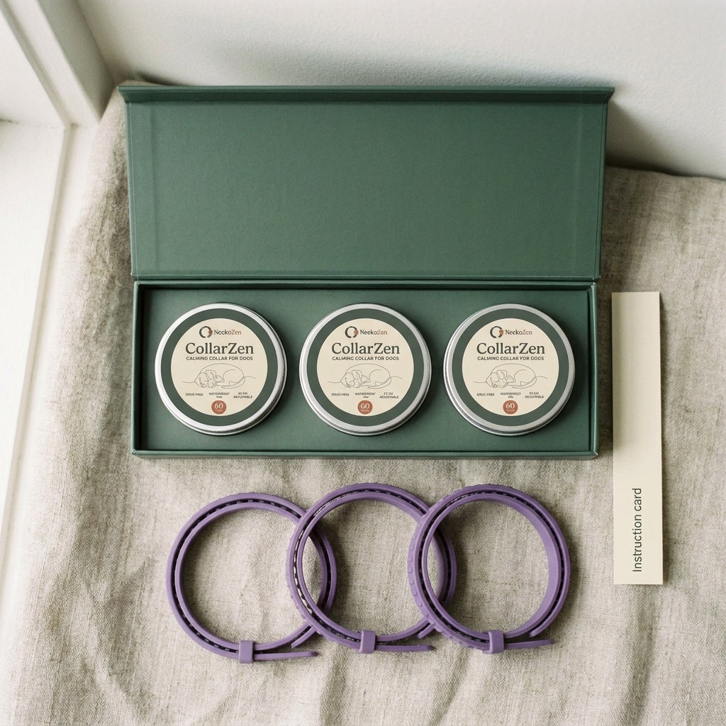 An open Sage CollarZen box with three sealed tins, three purple collars and the fitting card.