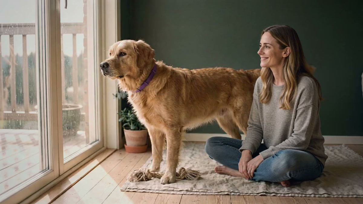 The dog turns away from the rainy window and settles happily against his owner, tail wagging, as she strokes his chest.