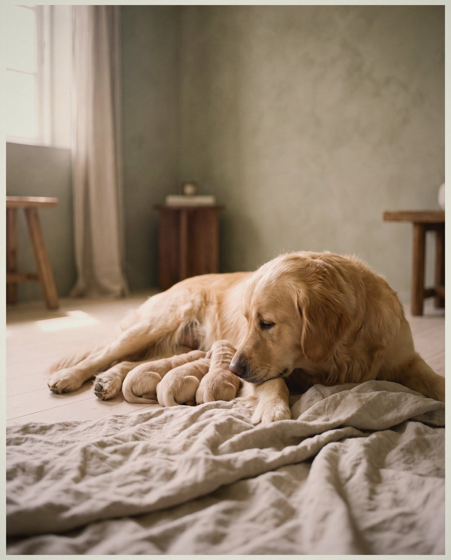 A golden retriever mother lying with three newborn puppies curled asleep against her