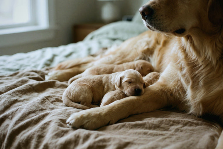 Close crop of newborn puppies asleep against their mother