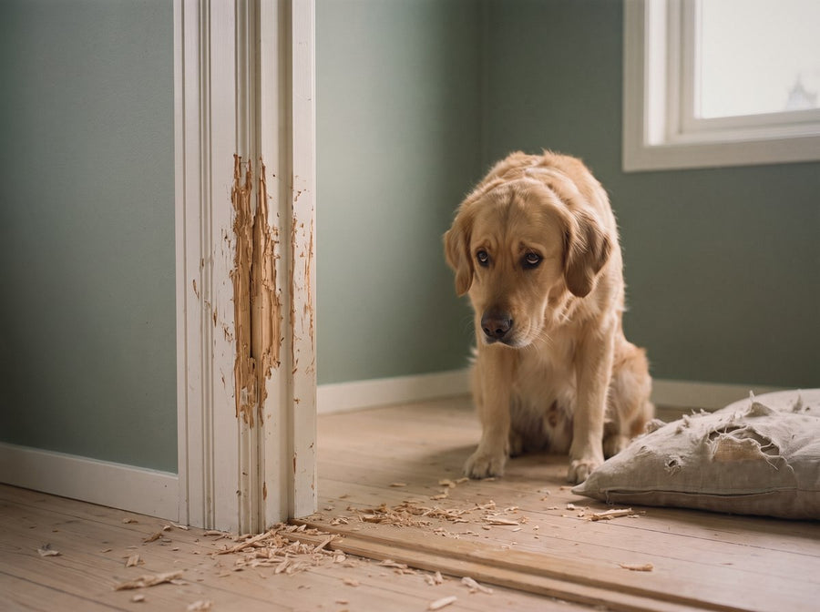 A splintered door frame chewed at dog height, the dog sitting back from it.