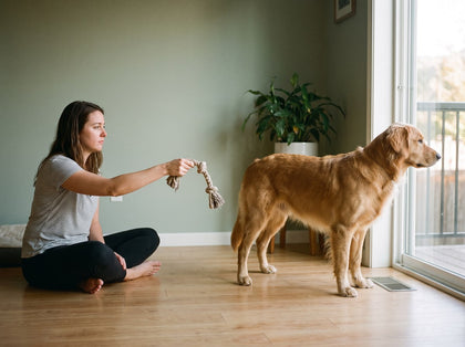 A woman holding out a rope toy to a dog who stands facing away, ignoring her.