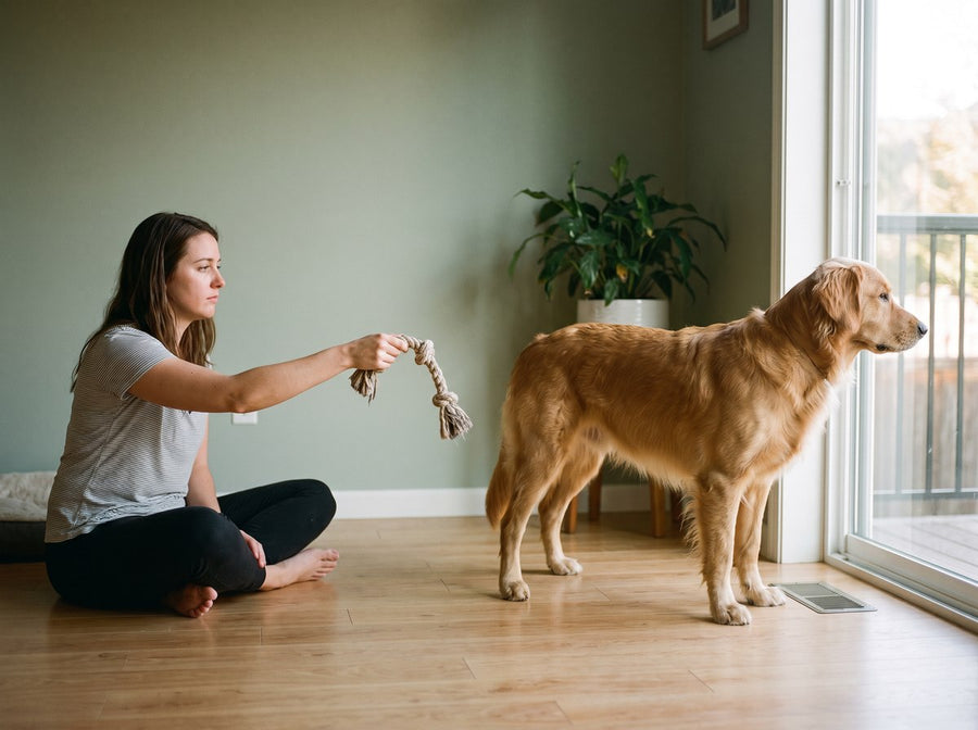 A woman holding out a rope toy to a dog who stands facing away, ignoring her.