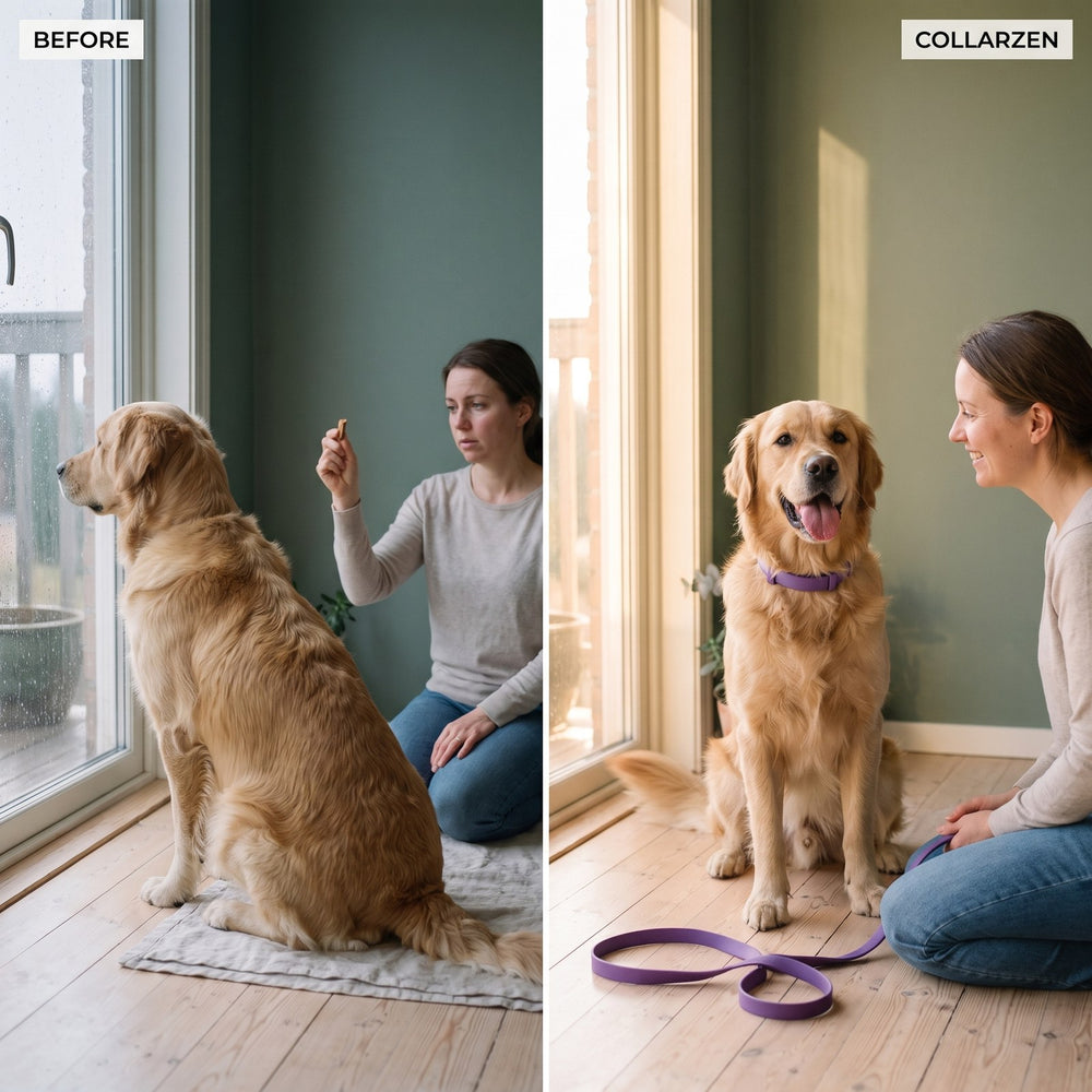 Left: a dog with a bare neck ignoring his owner's cue to stare out of the window. Right: the same dog in a purple CollarZen collar, happily holding eye contact with her, leash slack.