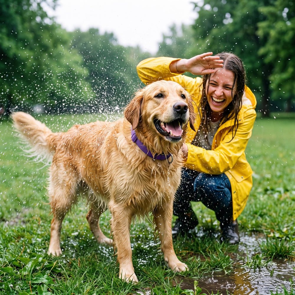 A soaked golden retriever mid-shake in the park, delighted, water beading off his purple CollarZen collar while his owner laughs beside him.