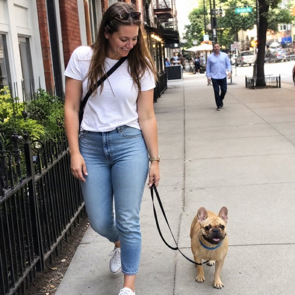 Emily R. walking Cooper, her French Bulldog in a blue CollarZen collar and their dog wearing CollarZen