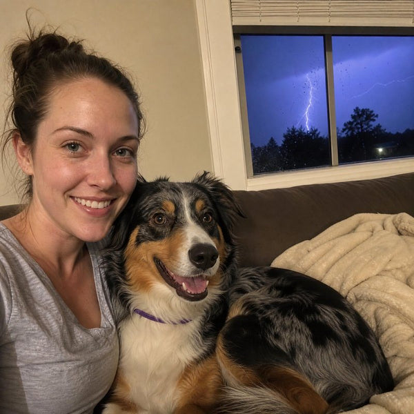 Harper E. from Denver, CO with their dog wearing a CollarZen collar and their dog wearing CollarZen