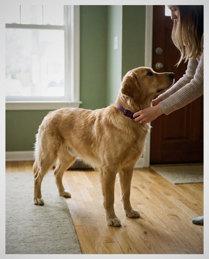 A tense golden retriever at the front door while a purple CollarZen collar is fastened on him