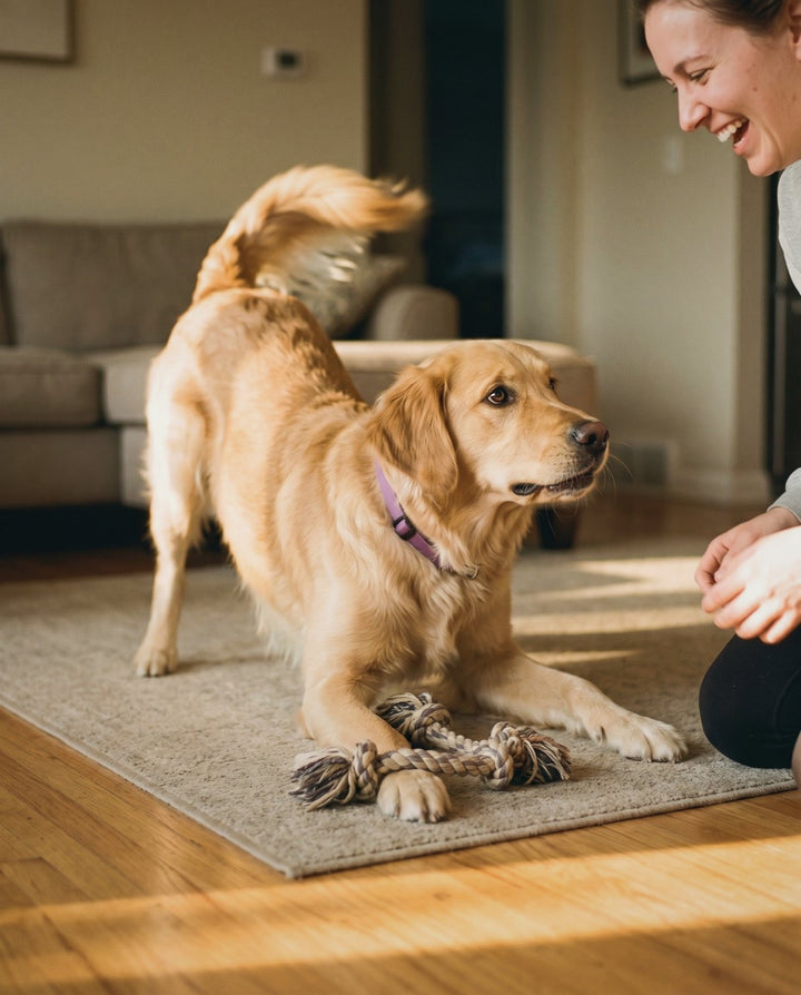 A golden retriever in a play bow with a rope toy, his owner kneeling and laughing beside him