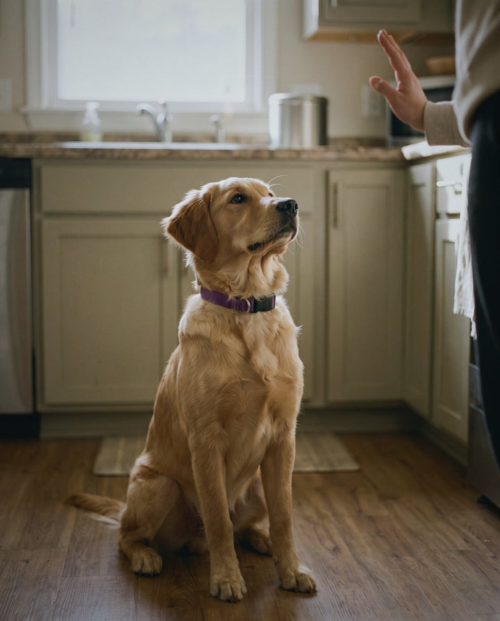 A golden retriever sitting attentively in the kitchen, holding eye contact with his owner's raised hand cue