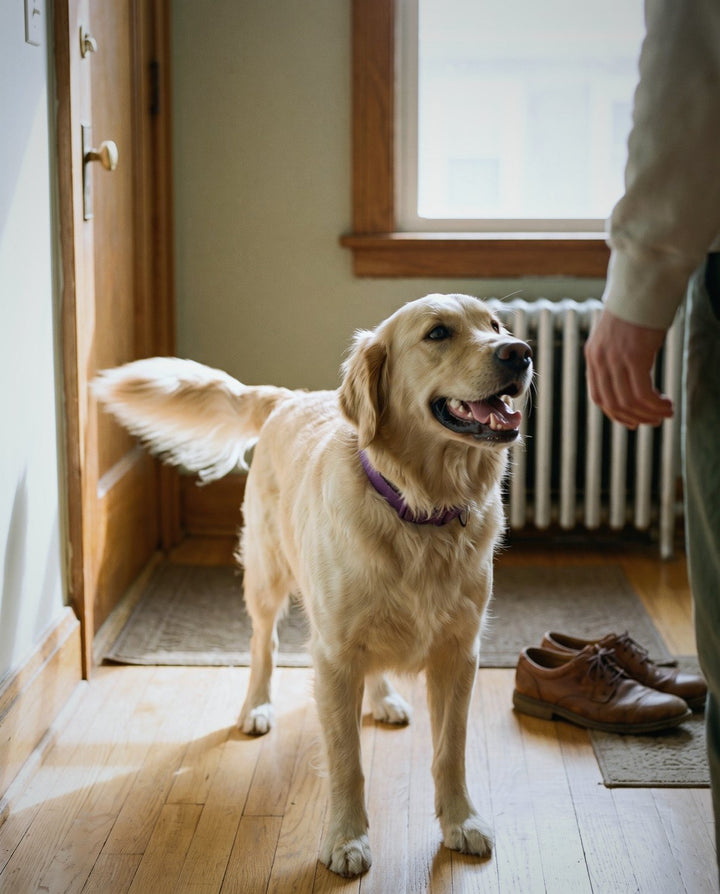 A golden retriever greeting his owner in the hallway, tail wagging, beside an intact door frame and untouched shoes