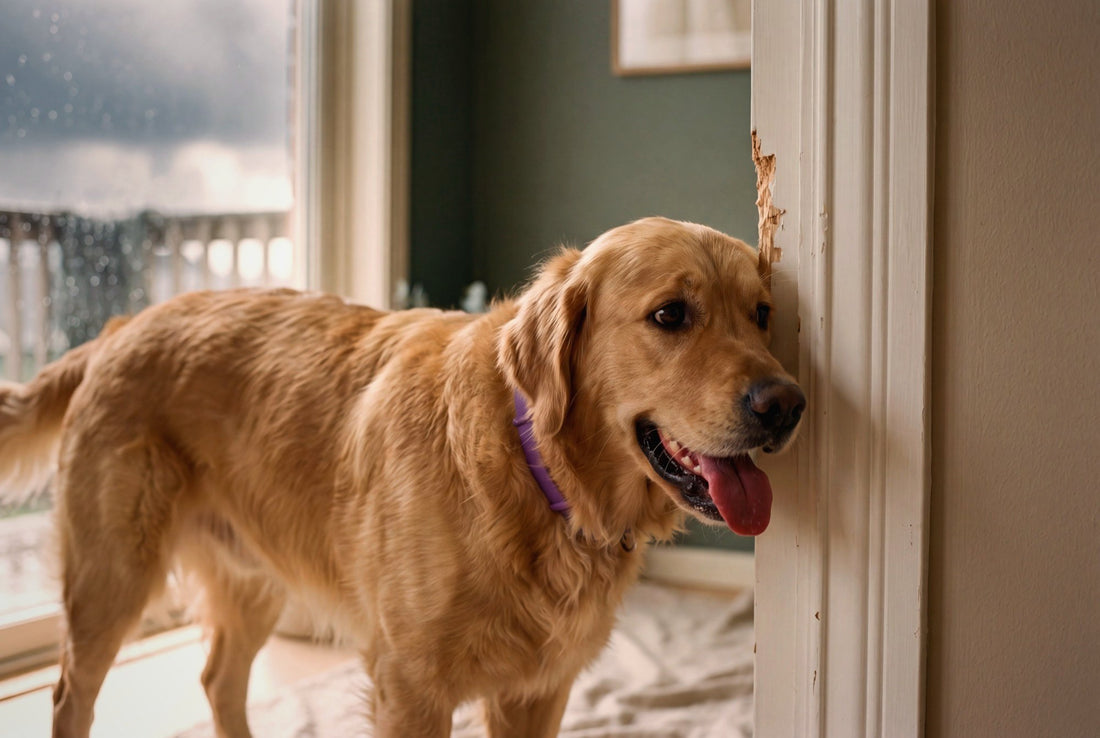 An anxious golden retriever panting at a storm-lashed door beside a chewed door frame