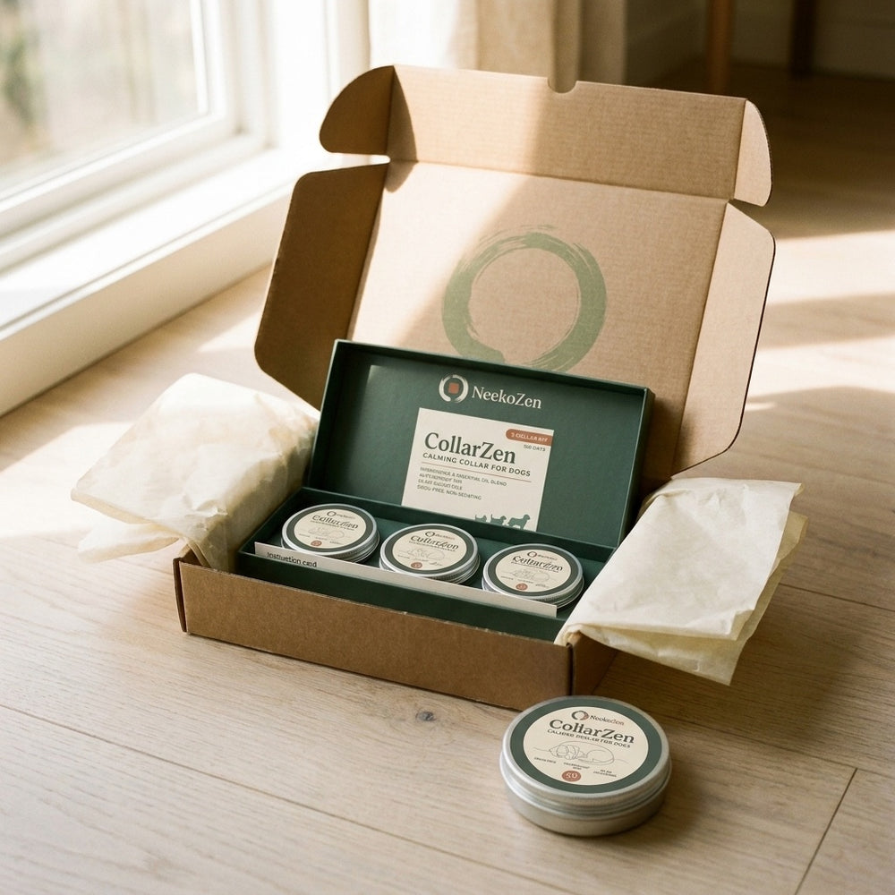 A kraft shipping box opened to show the Sage CollarZen box, the sealed tins and the fitting card.