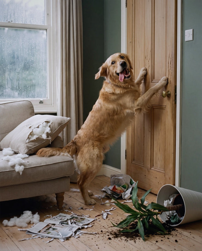 A golden retriever with a bare neck panicking against a scratched door during a storm, in a living room wrecked with cushion stuffing, shredded paper and an overturned plant