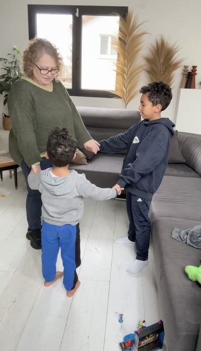 Family at home with the device